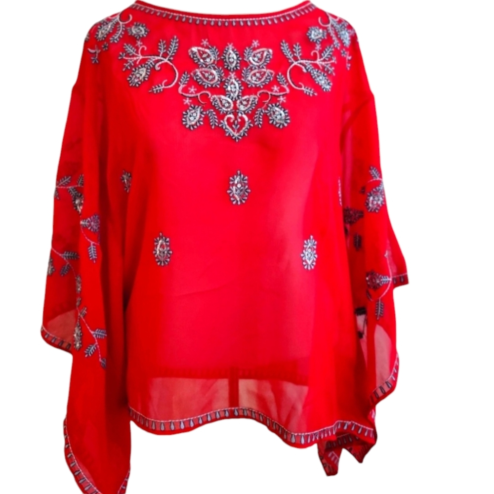 Beautiful Alloy Apparel Red Poncho with Embroidery and Sequins